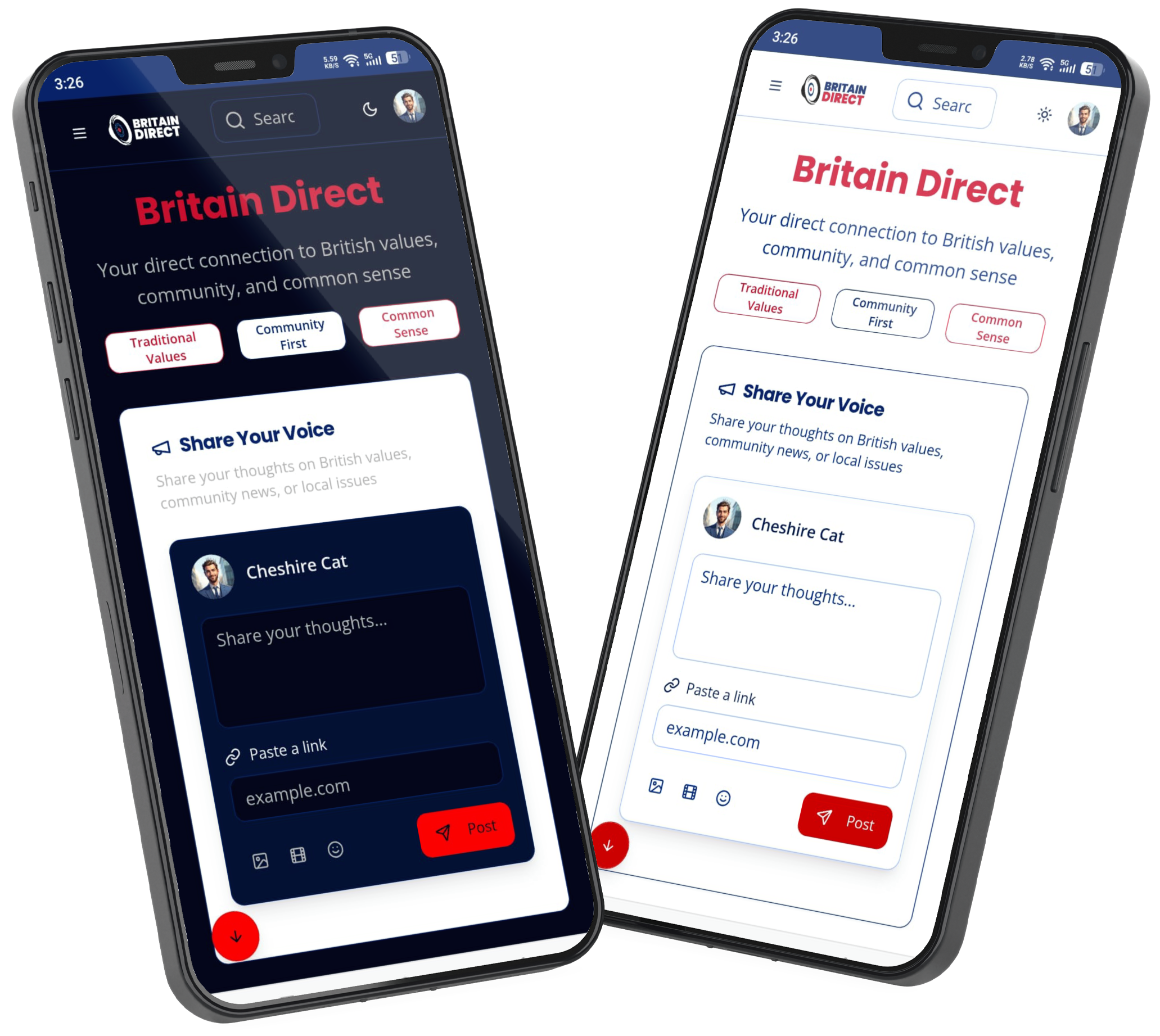 Britain Direct app — light and dark views