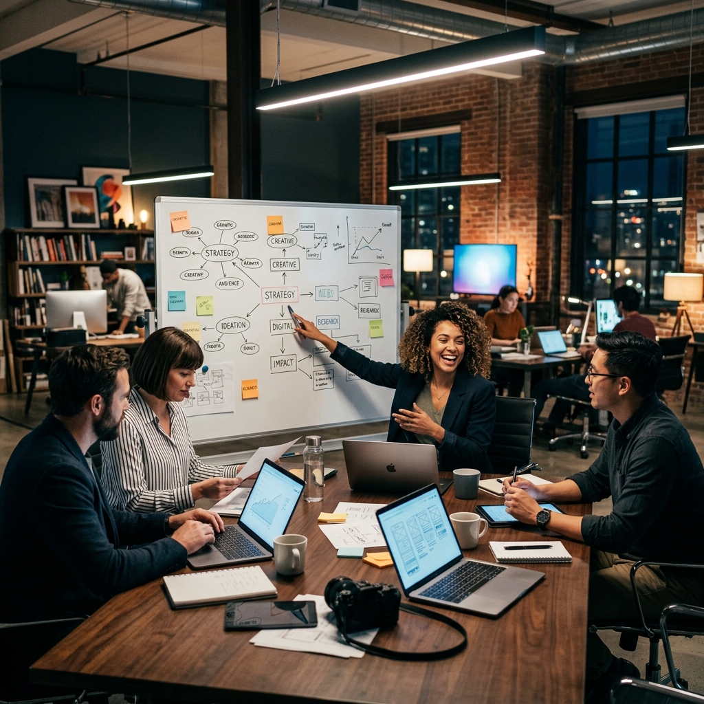 Team collaborating in a regional marketing agency office in the UK