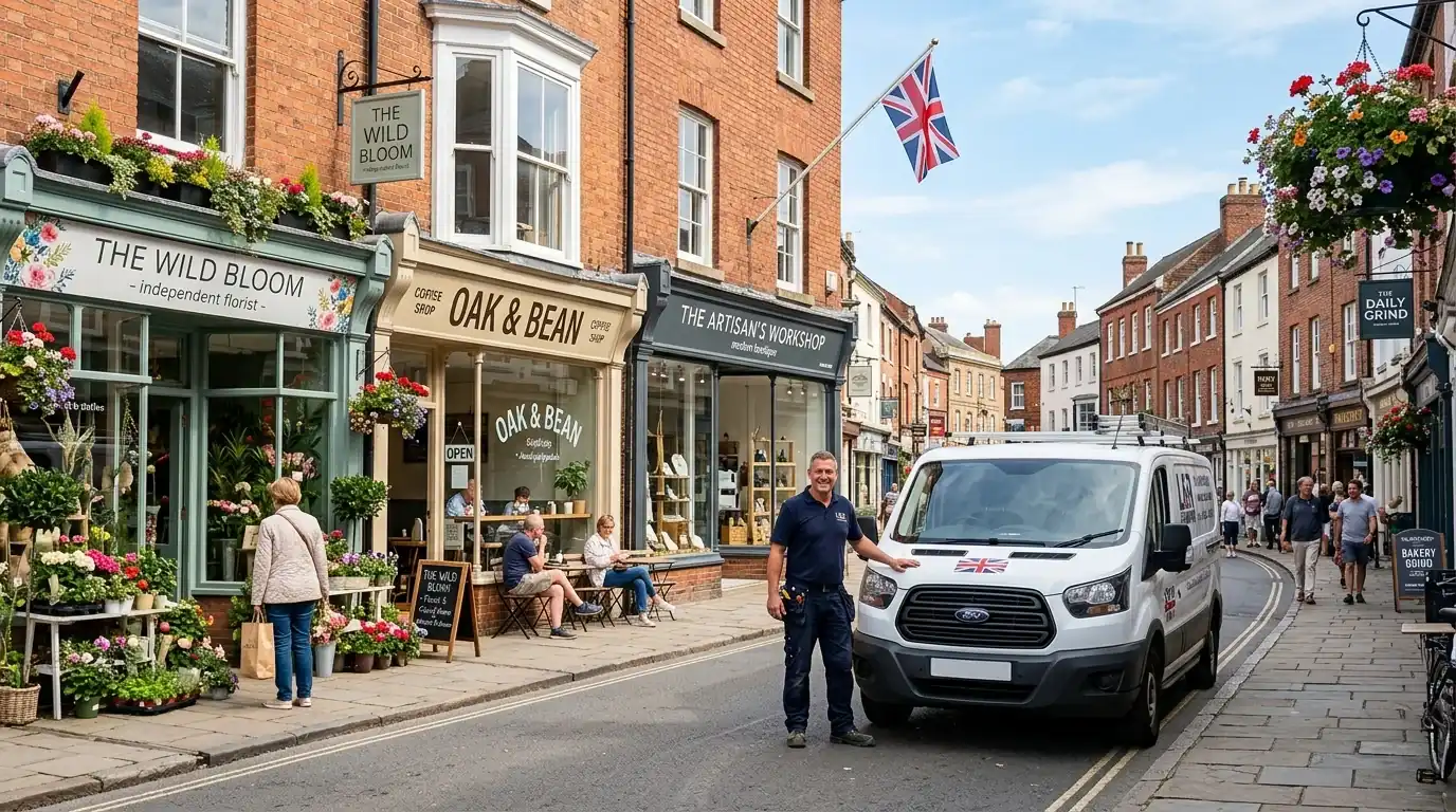 A traditional British high street with independent shops and a local tradesperson
