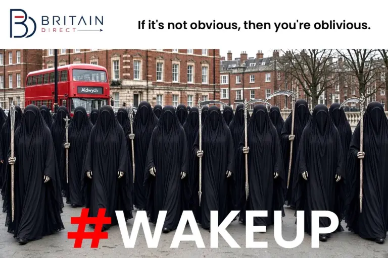 Illustration of a veiled crowd carrying scythes on a London street, with #WOKEUP text