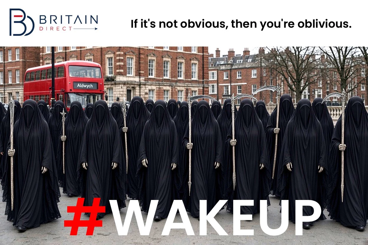 Illustration of a veiled crowd carrying scythes on a London street, with #WOKEUP text