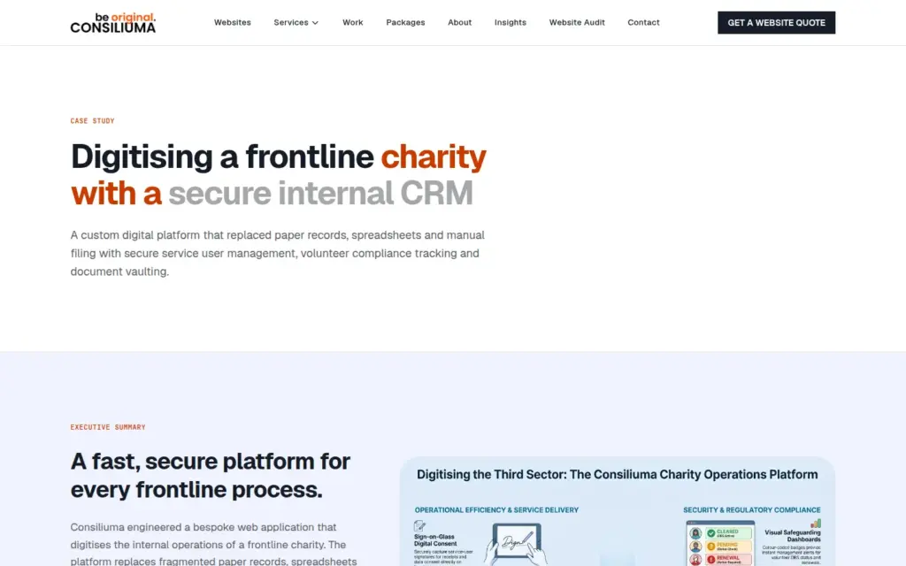 Frontline Charity CRM casework management system designed and built by Consiliuma